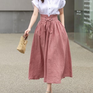 Pink Linen skirt, Long linen skirt for women, pleated linen maxi skirt, High waist Swing skirt with pockets, Womens skirt, Xiaolizi 4261 image 1