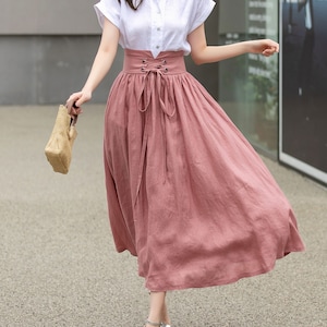 Pink Linen skirt, Long linen skirt for women, pleated linen maxi skirt, High waist Swing skirt with pockets, Womens skirt, Xiaolizi 4261 image 2