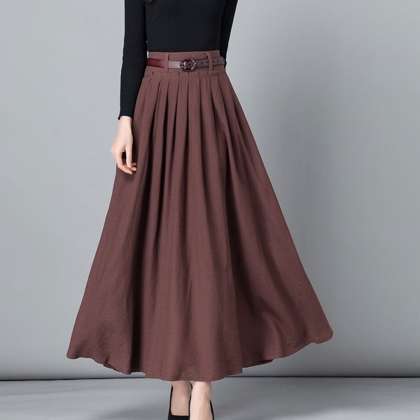 Brown Linen skirt, Long Maxi skirt work outfit, Long Linen skirt, High waist Long pleated Swing skirt with pocket, Full skirt 2539#