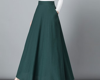 Green Linen skirt, Maxi cotton Linen skirt, Elastic waist Linen skirt, Long Maxi skirt, A line skirt, High waist skirt, Spring skirt 2543#