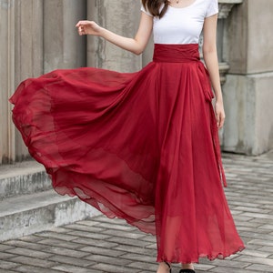 Summer Swing Chiffon maxi Skirt, Circle Long chiffon Skirt for Women, Flowy Pleated Long Skirt, Belted chiffon skirt, Mod Clothing 3533 image 9