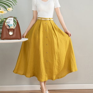 Yellow Linen Skirt, Womens Linen Midi Skirt, Button front Skirt, A-Line Skirt, Plus Size Skirt, Summer Skirt with Pockets, Xiaolizi 4201