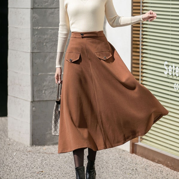 Wool skirt, Brown Wool Midi Skirt, Winter Wool Skirt with Pockets, Midi skirt, Swing Skirt Women, Flare Skirt, Custom Skirt, Xiaolizi 4137