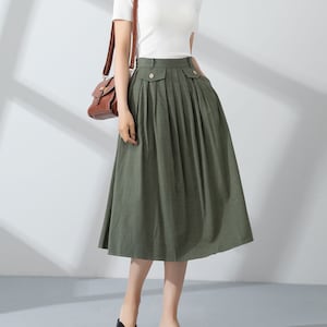 Midi Linen Skirt, High Waisted Long Linen Skirt, Womens Pleated Linen Skirt, Green Linen For Women, Swing Linen Skirt, Custom Skirt 4232#