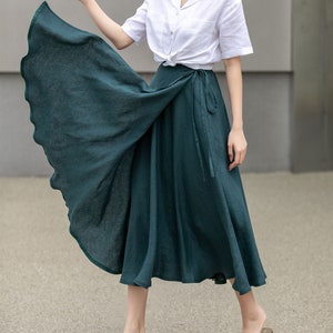 Green Swing Linen Skirt, Wrap linen skirt, Linen Midi Skirt, Linen Skirt with Pockets, A Line Skirt, Spring Custom Skirt, Xiaolizi 4269 1-green
