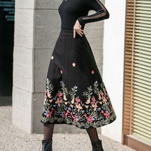 Black Midi Embroidered Wool Skirt, High Waisted Skirt, A Line Skirt, Winter Wool Skirt, Wool Skirt for Women, Custom Skirt, Xiaolizi 4127#