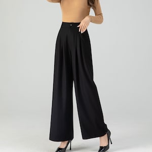 Black wide leg long wool pants women 4555 Black wide leg long wool pants women 4555
