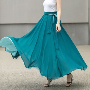 Blue Long Chiffon Maxi Skirt Women, Swing Full Circle Skirt, Boho Maxi Skirt, Elastic Waist Chiffon Skirt with Sash, Plus Size Skirt 4270