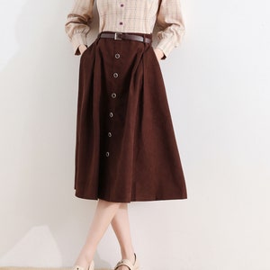 Brown Button down Midi Skirt, A Line Skirt, Women button front Skirt with Pockets, Plus Size Skirt, Retro skirt, Custom skirt, Xiaolizi 2521