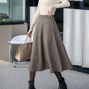 Brown Midi wool Skirt, Houndstooth Wool Skirt, High Waisted Skirt, Warm Winter Skirt, Swing Women Wool Skirt, Custom Skirt, Xiaolizi 4131