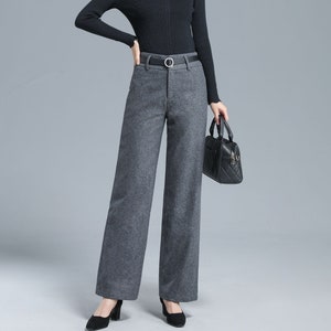 Warm Wool Long Pants, Winter Straight Leg Pants, High Waist Pants, Pocket Pants, Gray Pants Women, Wide Leg Pants, Minimalist Pants K3136