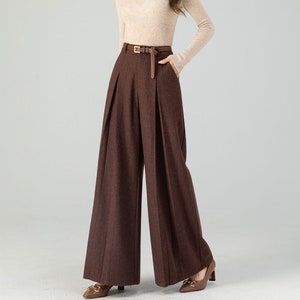 Handmade Brown Wide Leg Wool Pants for Women 4554 Handmade Brown Wide Leg Wool Pants for Women 4554