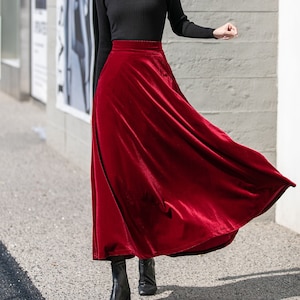 Red Long Velvet Skirt, High Waisted Skirt, Swing Skirt, A Line Skirt ...