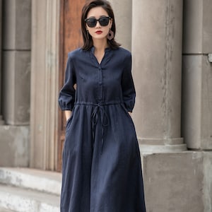 Swing Linen shirt dress, Button front shirtdress with pockets, high waist swing midi collarless  dress, Custom made Dress 2594#