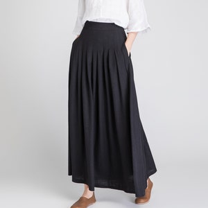 Vintage pendleton Linen skirt, black linen maxi skirt, high waisted skirt with pockets, long linen skirt, pleated skirt, summer skirt 1890#