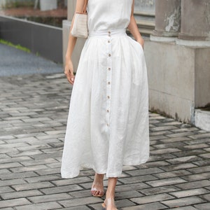 White Linen skirt, Linen Midi skirt, Button front Skirt, Womens Long Linen skirt, A-Line Skirt, Summer Skirt with Pockets, Xiaolizi 4298