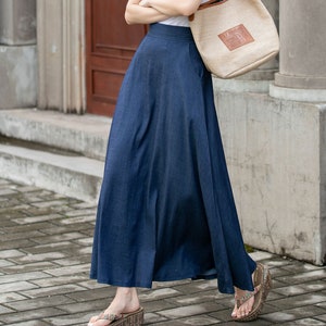 Travel skirt, Denim blue A-line maxi skirt, Womens Long Work skirt with Pockets, Plus size skirt, Summer skirt, Custom skirt, Xiaolizi 4413#