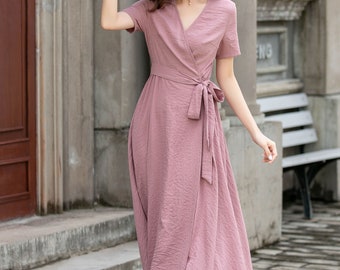 Linen dress, Linen Wrap dress, Summer Pink Linen maxi dress, Womens dress, Long Linen dress, Dress with pockets, Custom dress, Xiaolizi 4426