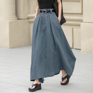 Army Green Linen Maxi Skirt, Asymmetrical Patchwork, Custom Made, Xiaolizi 2597#