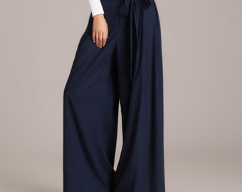 Navy blue pants, linen pants, palazzo pants, wide leg pants, summer pants, pants with pockets, pants women, long linen pants  0471#
