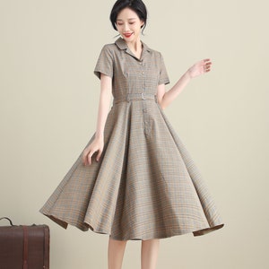 Plaid Linen Dress Swing Shirtwaist Dress Short Sleeve Dress - Etsy