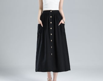 Elastic Waist Button Front Linen midi Skirt, pleated swing maxi Skirt for Women, Summer A Line Casual Skirt with Pockets 3614