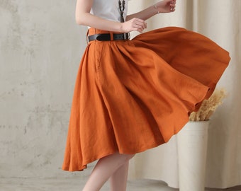 Linen skirt, Women Circle Linen Skirt, Knee Length Linen Skirt, Swing Skater Skirt, Summer Pleated Skirt, Custom Skirt, Xiaolizi 2816#