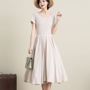 1950s Inspired Short Sleeve Linen Dress, Swing Dress, Fitted Dress, Beige Spring Summer Dress, Party Dress, Flared Dress with Pockets K3310