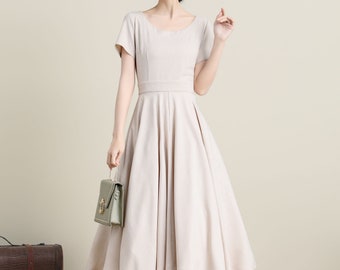 1950s Inspired Short Sleeve Linen Dress, Swing Dress, Fitted Dress, Beige Spring Summer Dress, Party Dress, Flared Dress with Pockets K3310