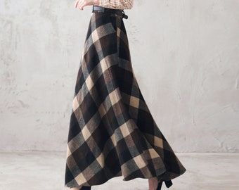 Tartan Long Wool Skirt Women, Wool Maxi Skirt, Plaid Wool Skirt, High Waist Flared Skirt, 1940s A Line Skirt, Warm Autumn Winter Skirt 3108