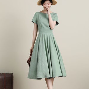 Green Swing Midi Dress, Vintage 1950s Short Sleeve Dress with Pockets, Boat Neck Dress, Fit and Flare Dress, Mother of the Bride Dress 3318