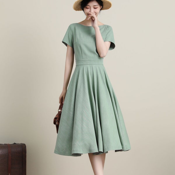 Green Swing Midi Dress, Vintage 1950s Short Sleeve Dress with Pockets, Boat Neck Dress, Fit and Flare Dress, Mother of the Bride Dress 3318