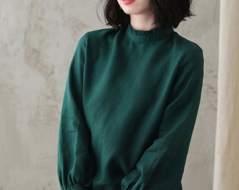 Green Linen blouse, Long Sleeve Linen Blouse, Loose Linen Top With Frill Neck, Womens spring autumn blouse, Xiaolizi, Linen Clothing 2826#