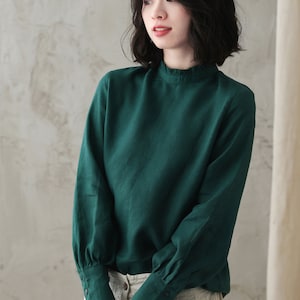 Green Linen blouse, Long Sleeve Linen Blouse, Loose Linen Top With Frill Neck, Womens spring autumn blouse, Xiaolizi, Linen Clothing 2826#