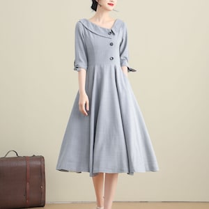 Gray Linen Cocktail Dress, Swing Midi Dress, Fit & Flare Dress, 50s Cotton Linen Dress Women, A Line Dress with Pocket, Wedding Dress K3274