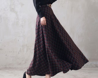 40s Wool Maxi Plaid Skirt Women, Elastic High Waist Flared Wool Skirt with Pockets, A Line Pleated Skirt, Winter Fall Tartan Long Skirt 3100