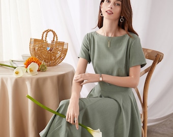 Womens summer Boat Neck Swing Midi Dress with Pockets, Wedding Guest Dress, Fit and Flare Dress, Vintage 1950s Dress, Handmade Dress 3380#