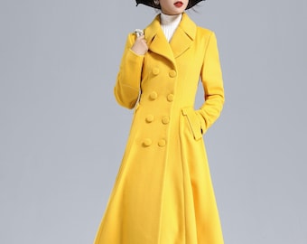 Winter Long Wool Coat Women, Yellow Wool Coat, Warm Long Coat, Vintage Inspired Double Breasted Coat, Princess Coat, Wool Trench Coat 3234