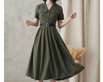 Midi shirt dress for Women, Pleated Shirt work Dress, Green Fit Flare Summer Midi Dress, Military Swing Dress, Short Sleeve Long Dress 2821