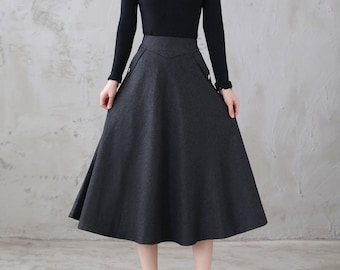 Vintageinspirerad midikjol i ull, höst- och vinterullkjol för kvinnor, swingkjol, utsvängd kjol med hög midja, a-linjekjol, plus size-kjol K3122