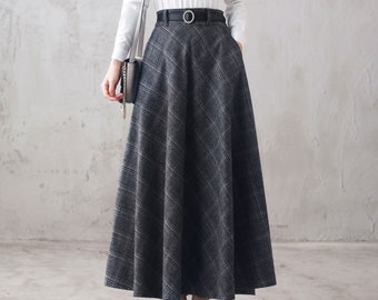 Long Wool Tartan Skirt Women, Wool Plaid Maxi Skirt, Retro Autumn Winter Skirt, High Waist Skirt, Plus Size Skirt, Flared A Line Skirt 3106