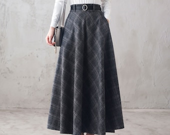 Jupe longue en laine tartan femme, jupe longue à carreaux en laine, jupe rétro automne hiver, jupe taille haute, jupe grande taille, jupe évasée trapèze 3106