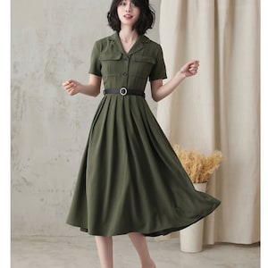 Midi shirt dress for Women, Pleated Shirt work Dress, Green Fit Flare Summer Midi Dress, Military Swing Dress, Short Sleeve Long Dress 2821 1-green