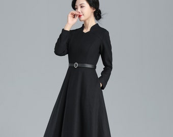 Schwarzes langes Wollkleid Damen, Elegantes Swingkleid, Langarmkleid, Warmes Winterkleid Damen, Retro Midikleid, Kleid nach Maß, Xiaolizi 3251