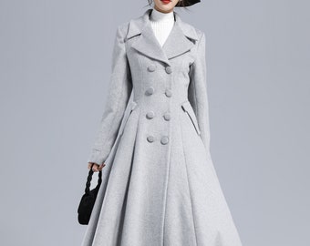 Double Breasted Wool Coat Women, Grey Long Wool Princess Coat, Maxi wool coat, Fit and Flare Coat, Swing Coat, Winter Outwear Xiaolizi 3236#