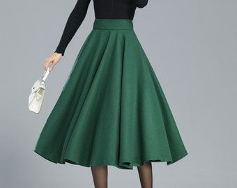 Wool Skirt Women, Green Wool Winter Skirt, Midi Wool Skirt, High Waist Flared Skirt, Full Circle Skirt, Custom A-Line Skirt Xiaolizi K3248