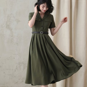 Midi shirt dress for Women, Pleated Shirt work Dress, Green Fit Flare Summer Midi Dress, Military Swing Dress, Short Sleeve Long Dress 2821 image 2