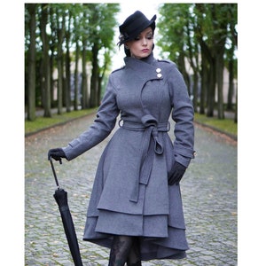 Grey Long Winter Wool Coat Women, Asymmetrical Coat, Gothic coat, Vintage Swing Coat, Plus Size Coat, Warm Coat, Belted Coat Xiaolizi 2408