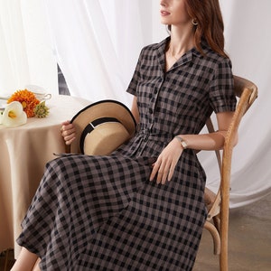 Checked Linen Shirt Dress, Women's Spring Summer Belted Shirtwaist Dress, Linen Midi Dress Women, Fit and Flare Dress, Xiaolizi 3377