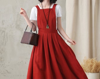 Woman Red Linen Midi Pinafore Dress, Linen Apron Dress, Linen Dress, Natural Washed Slub Smock with Pockets, Pleated Linen Dress 2823#